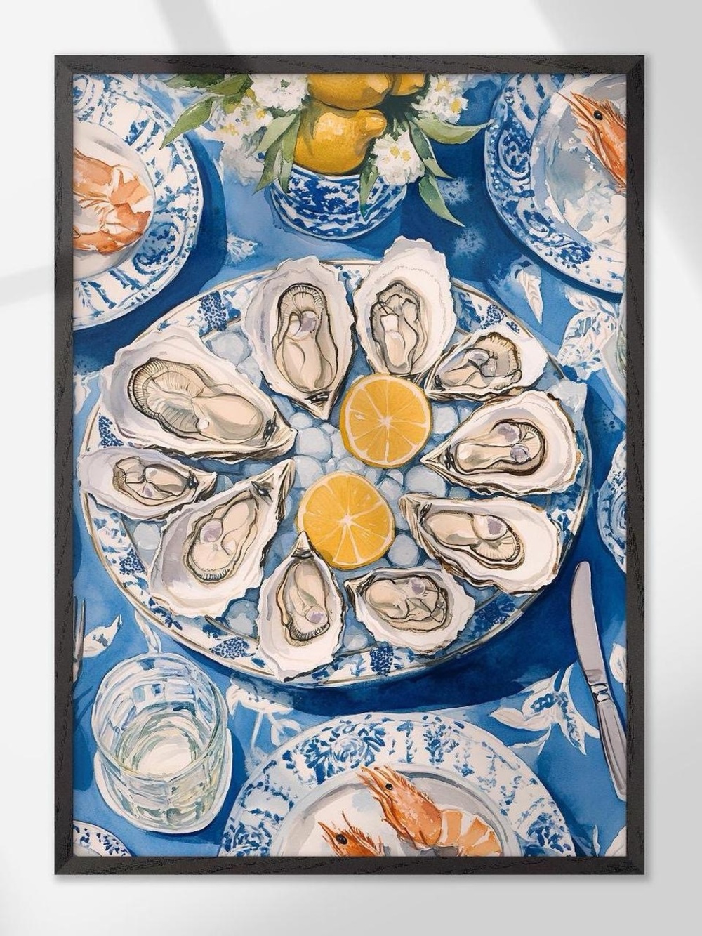 Blue Seafood Table Art Print with Lemon Accents